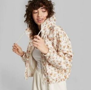 Wild Fable Cropped Floral Print Hoded Zip Up Windbreaker Jacket Sz M Cream